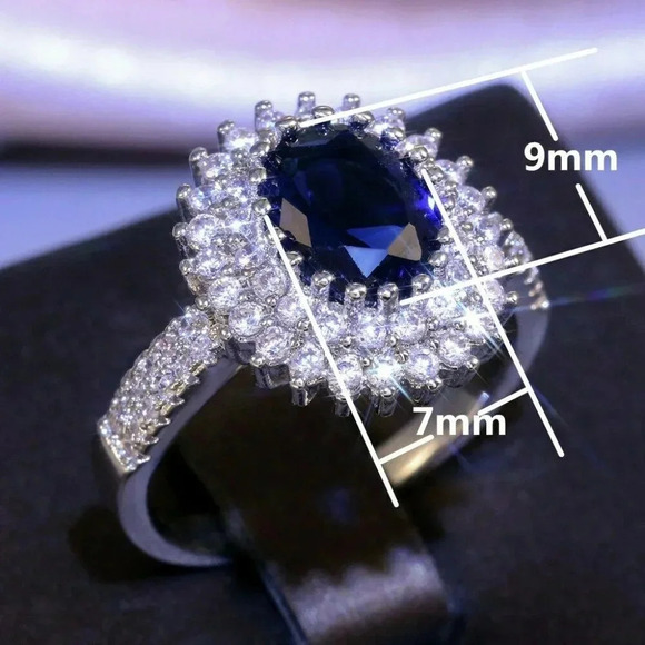 NEW 925 Silver Diamond Oval Sapphire Halo Ring - Picture 7 of 8